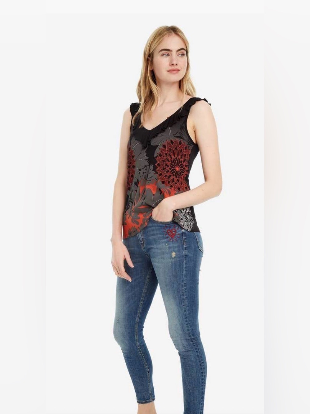 Desigual Black Floral V-Neck Camisole with Red and Gray Motif